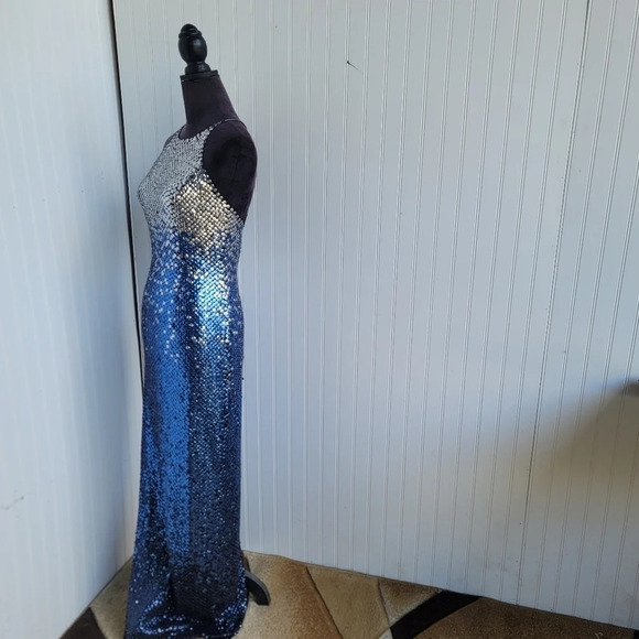 Cache Womens Sequin Blue Silver Maxi Formal Dress Prom Queen Slit Open Back Sz 4 - Picture 14 of 16